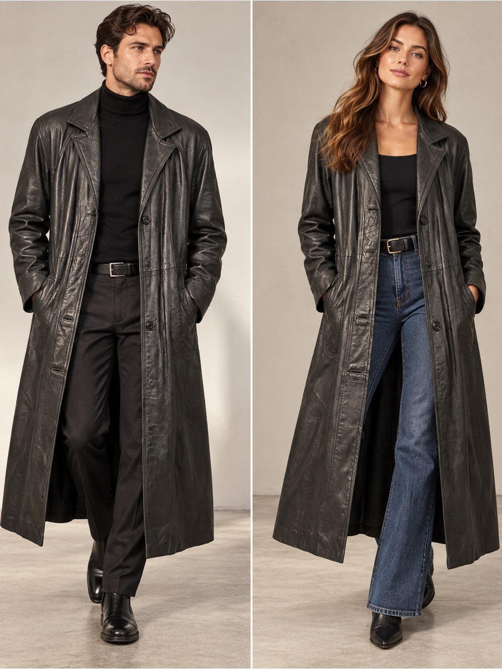 🖤 Vintage Black Genuine Leather Full-Length Trench Coat Longline Jacket unisex